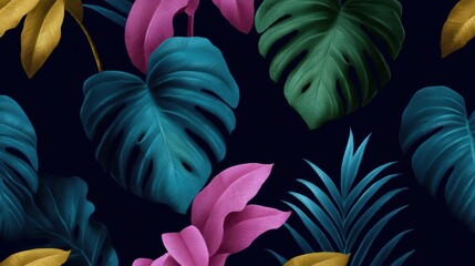 Seamless pattern of tropical leaves in different shades of blue, green, and yellow. the leaves are arranged in a repeating pattern on a dark blue background.