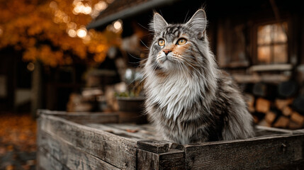 A majestic maine coon cat sitting in a wooden crate with autumn foliage in the background outdoors
