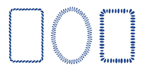 Set of decorative hand-drawn frames in a nautical and abstract style. Border collection with rope braid, dashed line, and oval bead patterns for creative projects, isolated on white background, vector © Liliya