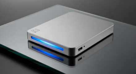 External hard drive ssd storage device portable usb data backup technology on glass surface with blue light