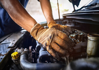 view of dirty hands from engine oil, male auto mechanic, working on car engine