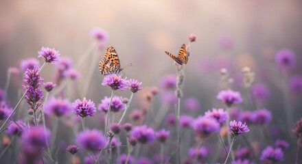 Fototapeta premium Two Butterflies on Purple Flowers: Serene Nature Scene, Soft Lighting