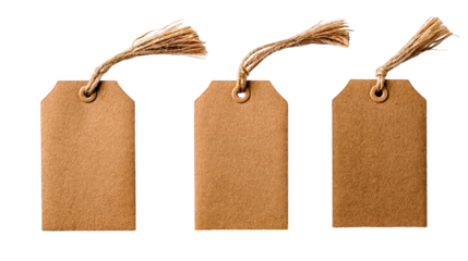 Three Blank Brown Gift Tags with Jute Twine | isolated on transparent background, perfect cutout, PNG