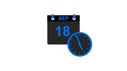 September month 18 date calendar icon clock royal blue color 4k illustration. 
