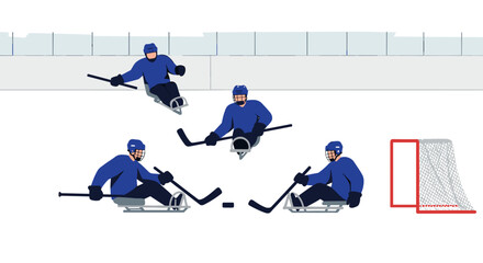 Para ice hockey. Paralympic sled ice hockey players competing on ice rink  