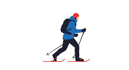 Obraz premium Snowshoeing. Male skier trekking on snow with backpack and poles in winter 