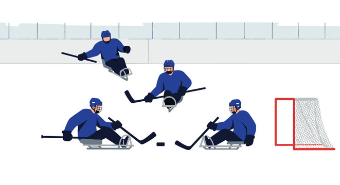 Para ice hockey. Paralympic sled ice hockey players competing on ice rink  