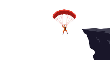 Base jumping. Skydiver descending with parachute from cliff against white background  