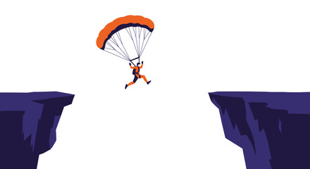 Base jumping. Skydiver parachuting over a canyon with clear white background  