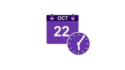 October month 22 date calendar icon clock white color 4k illustration. 