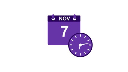 November month 7 date calendar icon clock white color 4k illustration. 