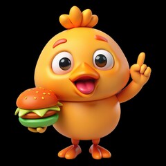 Naklejka premium Cute cartoon chick holding a burger and pointing up isolated on white background