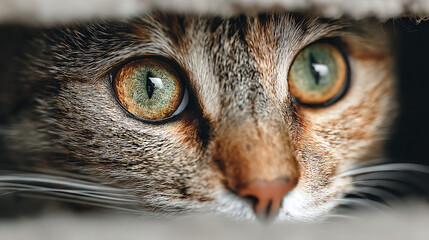 A close up of a tabby cat's face with striking green eyes looking out from a dark space intently