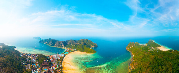 Aerial panorama view day Phi Phi island in Andaman Sea from drone in Province of Krabi, travel landmark of Thailand.
