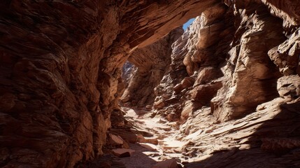 Sunlit rock archway in a narrow canyon.