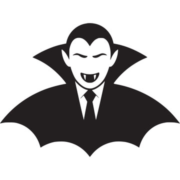 A stylized black and white illustration of a vampire with a bat wing cape and a tie on a light gray background on transparent background
