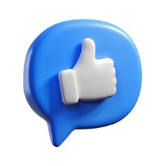 Blue speech bubble with white thumbs up icon isolated on white background