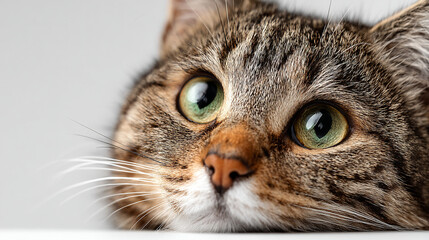 Close up of a tabby cat face with green eyes and white whiskers against a light gray background