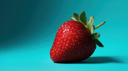Close-up of a single strawberry on a turquoise background. the strawberry is in the center of the image, with its bright red skin and green leaves still attached.