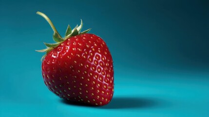Close-up of a single strawberry on a turquoise background. the strawberry is in the center of the image and is the only object in the frame.