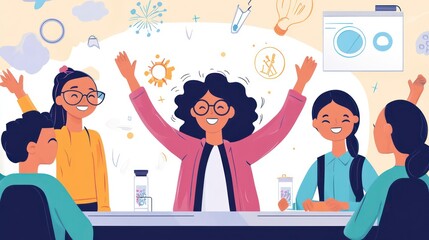 Cheerful Group of Students Celebrating Science with Joyful Expressions and Enthusiasm.