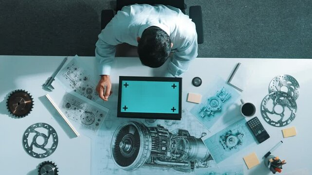 Top view of skilled engineer writing in paper while looking at tablet display green screen with turbine engine sketch design and metal gear and architectural equipment scatter around. Alimentation.
