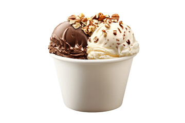 An ultra-realistic photograph of three scoops of ice cream in white paper cups, one with chocolate and the other two filled with vanilla or cookie isolated on a transparent background in PNG format.
