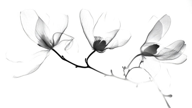 Xray transparent isolated branch PNG. Floral  leaves and stem. Vintage watercolor design for wedding cards, invitations. Spring or summer close-up photo. Elegant minimalist radiography.