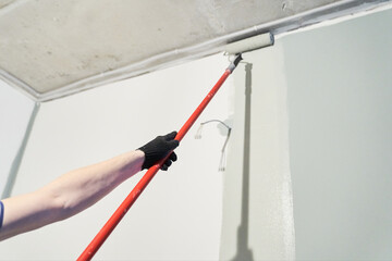 With a roller, apply paint to the surface, paint the walls in the apartment, does repairs with white paint. With the ability to copy. High quality photo