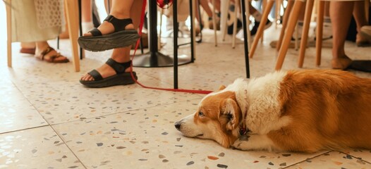 Close up of young girl with Corgi in dog friendly cafe. Concept of friendship between a dog and human. Part of a series. Coffee break with pet