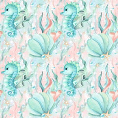 Children's characters sea style seamless pattern with seahorse, seaweed, seashell, stars and bubbles. Watercolor illustration isolated on soft pink turquoise spot. Kids design for textile, packaging © Yulia Kapura