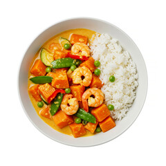 Curry dish, sweet potato curry, sugar pea, paprika, zucchini, coconut milk, shrimps and rice isolated on white background