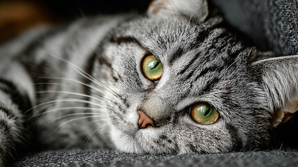 Close up of a tabby cat with green eyes lying down looking at the camera in a relaxed position