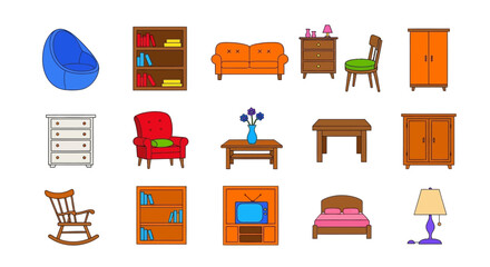 A set of 15 colorful furniture icons