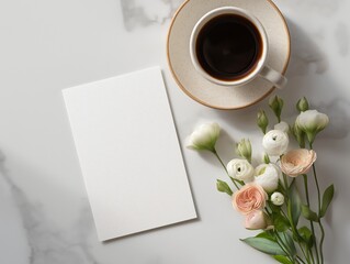 Elegant Morning Routine: Brown Mug Coffee with Fresh Spring Blooms on Marble Surface with Blank Card and Writing Stationery in Pastel Colors - A Dreamlike Tea Time Decor on Stylish Workspace