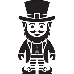A black and white illustration of a leprechaun wearing a top hat and a suit with striped pants on transparent background