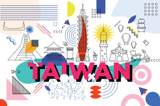 Typography word "Taiwan" branding technology concept. Culture travel set, famous architectures in flat and Memphis design. Business travel and tourism concept. Image for presentation, banner, web