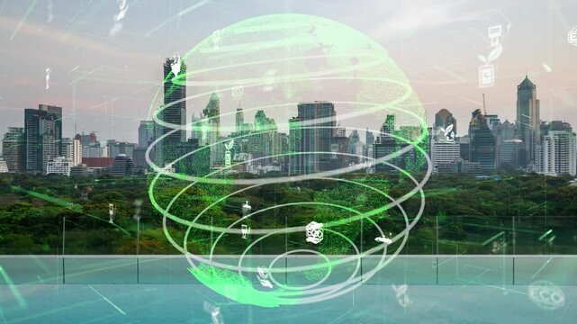 Green city technology shifting towards sustainable alteration concept by clean energy , recycling and zero waste management to reduce pollution generation and achieve ESG goals .