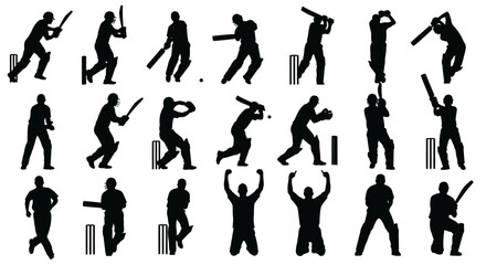 Cricket Players Batting, Bowling, and Fielding Silhouettes Set
