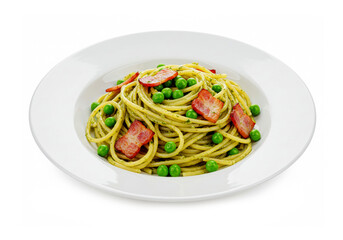 Linguine pasta with bacon, green pea and pesto sauce in a white plate isolated on white