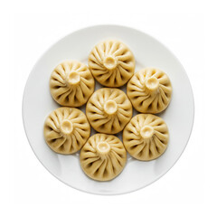 Plate featuring five spicy, flavorful khinkali with enticing aroma isolated on white background