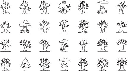 Iconic Tree Collection: A collection of varied tree icons, simple yet illustrative, designed to showcase different types of trees. Capturing artistic visual appeal. 