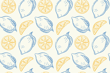 Seamless lemon pattern with whole fruit, slice and leaf in line art style. Citrus background for packaging, kitchen wallpaper, grocery store or summer design.