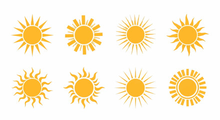Collection of Ten Yellow Sun Icons: A Realistic Image Showcasing Diverse Stylistic Sun Representations with Varied Rays, Including Triangular, Curved, Flame-like, and Rectangular Designs
