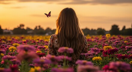 Woman in Flower Field Watches Butterfly at Sunset, Serene Scene