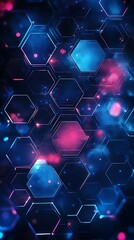 Abstract Hexagons Pattern with Neon Outlines, Glowing Blue and Pink Particles, Tech Design