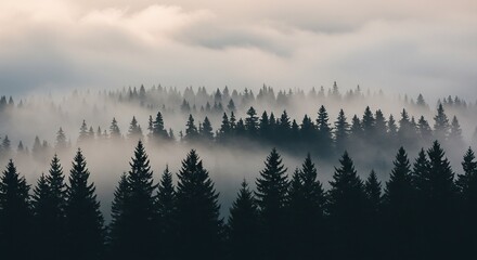Obraz premium Misty Forest Silhouette: Evergreen Trees in Atmospheric Fog, Moody Landscape