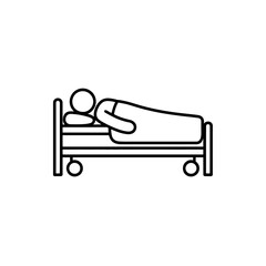 Simple line art icon of a person sleeping in a hospital bed with wheels