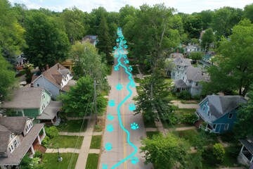 Futuristic cat tour route in mount pleasant with digital maps. Feline fun. Join the fun: cat tours offer a new way to see vancouver's mount pleasant. Cultural spirit. Virtual reality.