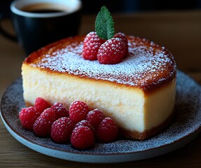A piece of baked cheesecake sprinkled with powdered sugar and fresh raspberries on a plate with a cup of coffee
